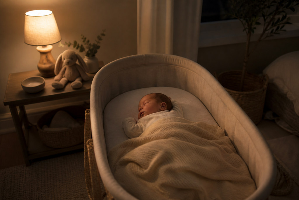 newborn sleep setup with sound machine and bassinet for better baby sleep