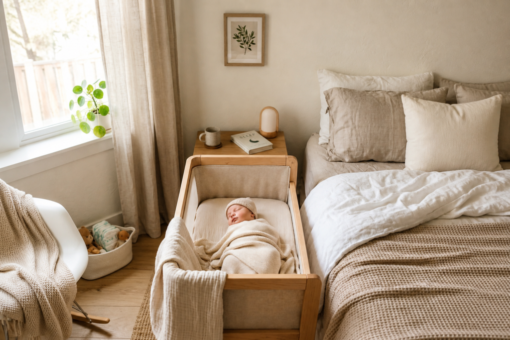 newborn essentials for the first 3 months with baby sleeping in bassinet next to bed