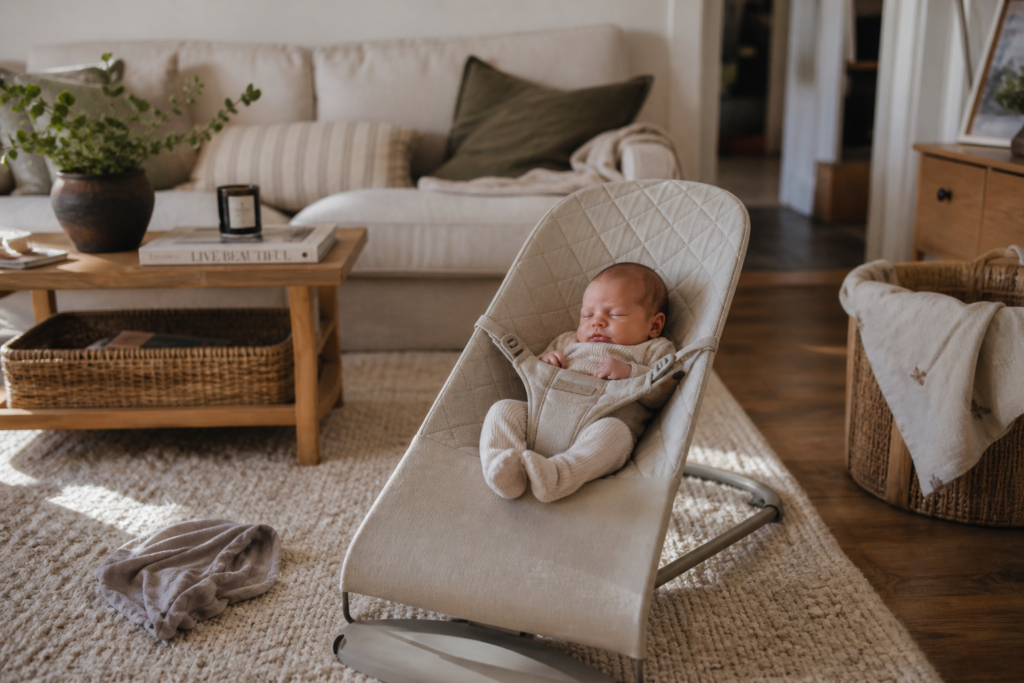 Newborn baby resting in a soft baby bouncer in a cozy neutral living room with warm natural light
