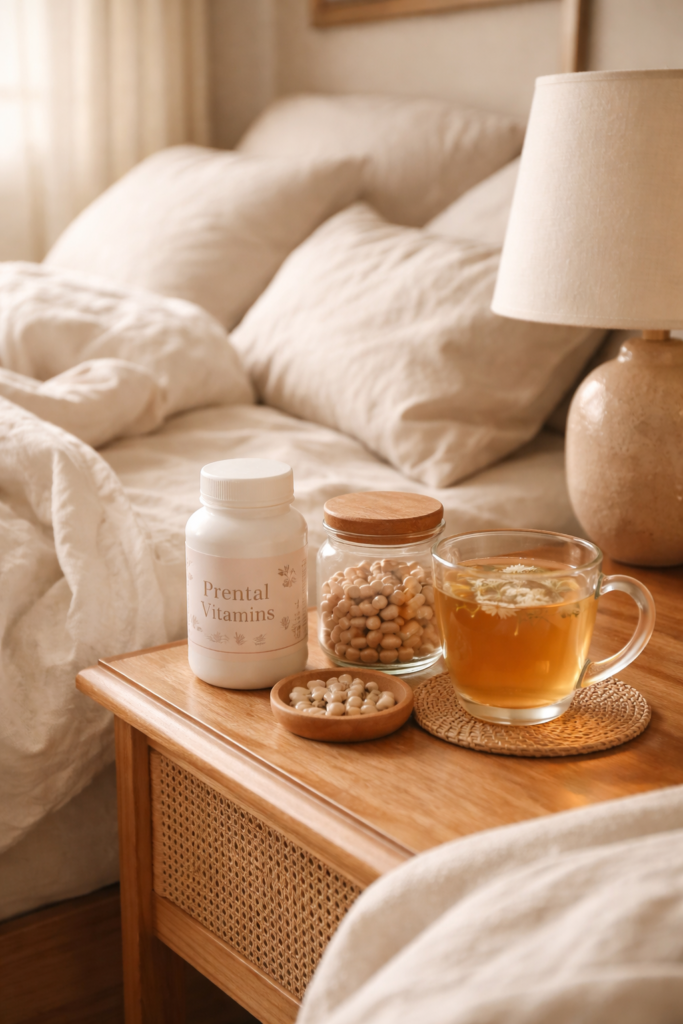 needed prenatal vitamins for pregnancy and postpartum on bedside table with tea