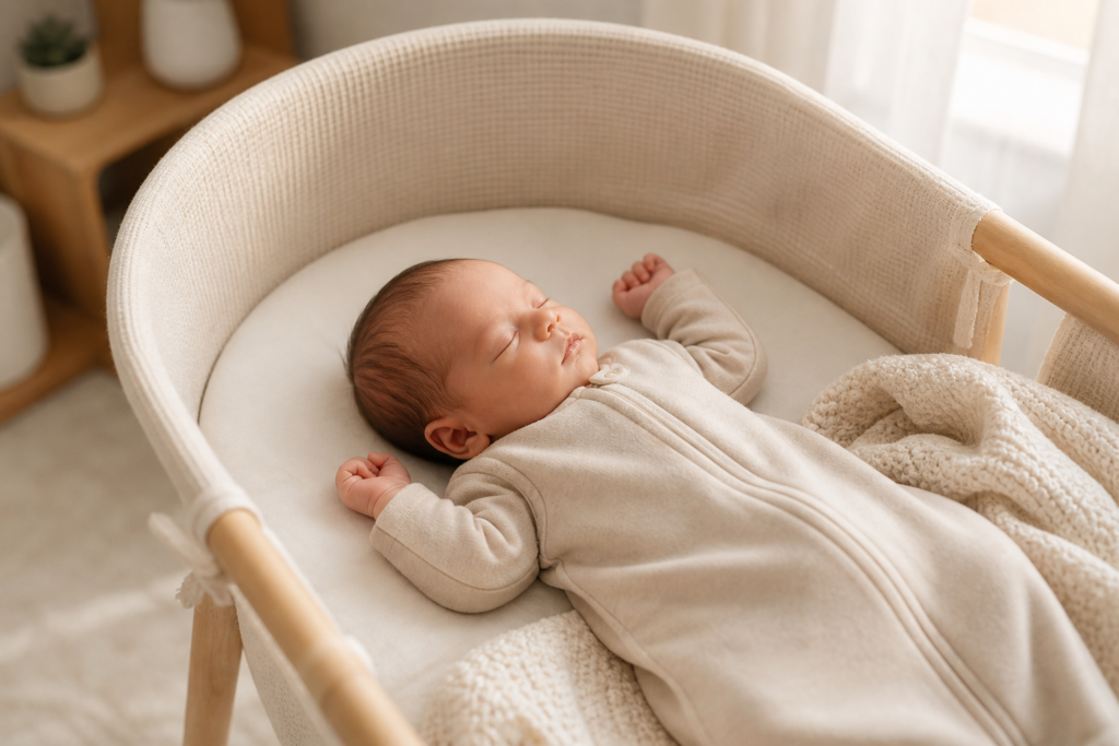 baby sleep setup with bassinet and newborn in sleep sack in neutral nursery