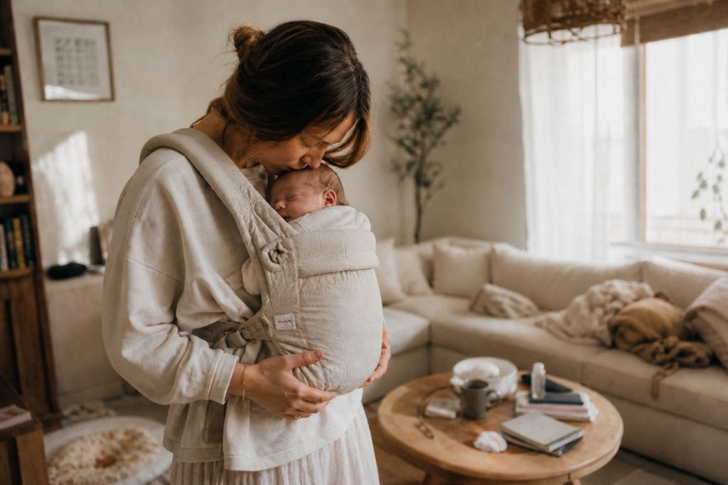Newborn baby sleeping in a properly worn soft baby carrier with arm tucked in, held by mom in a cozy neutral living room with warm natural light