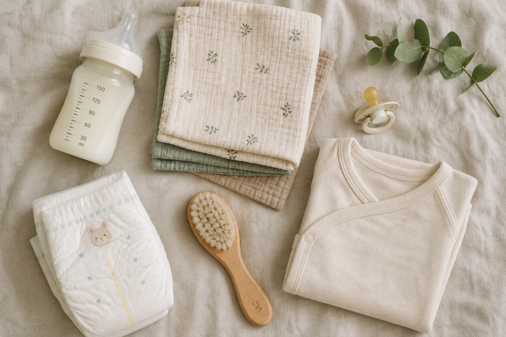newborn baby essentials flat lay with diaper, bottle, pacifier and clothing