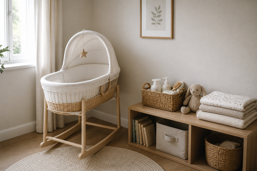 minimal baby nursery setup with bassinet and simple newborn essentials