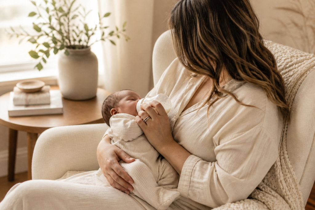feeding newborn with nursing pillow in calm home setting for new moms