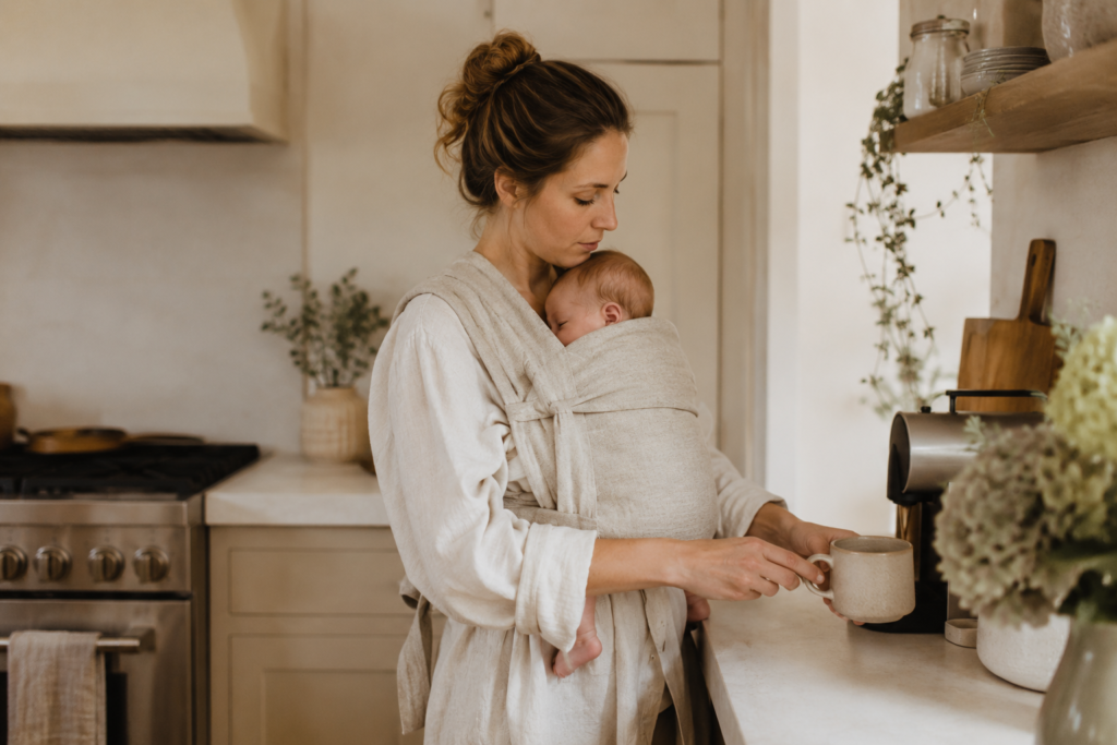 New mom baby wearing in soft carrier while making coffee at home during newborn stage