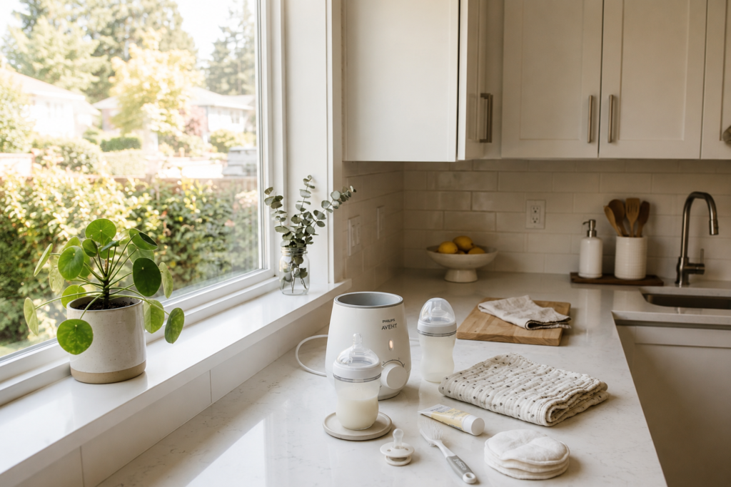 Best baby bottle warmer with baby bottles and feeding essentials on a bright kitchen countertop.