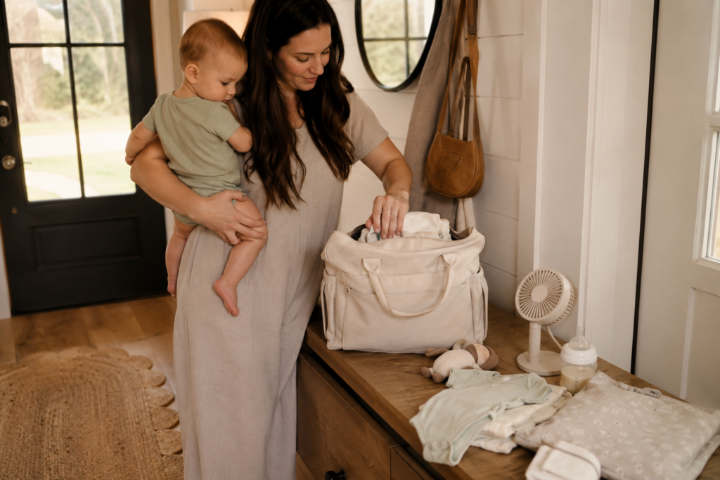 Mom holding her baby while packing a diaper bag with practical baby essentials.