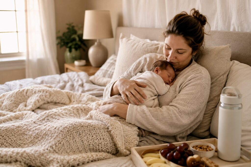 New mother resting on a bed while holding her sleeping newborn during the postpartum period.