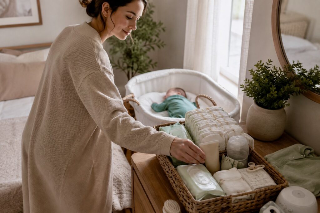 New mom reaching for practical newborn care essentials beside a bassinet.