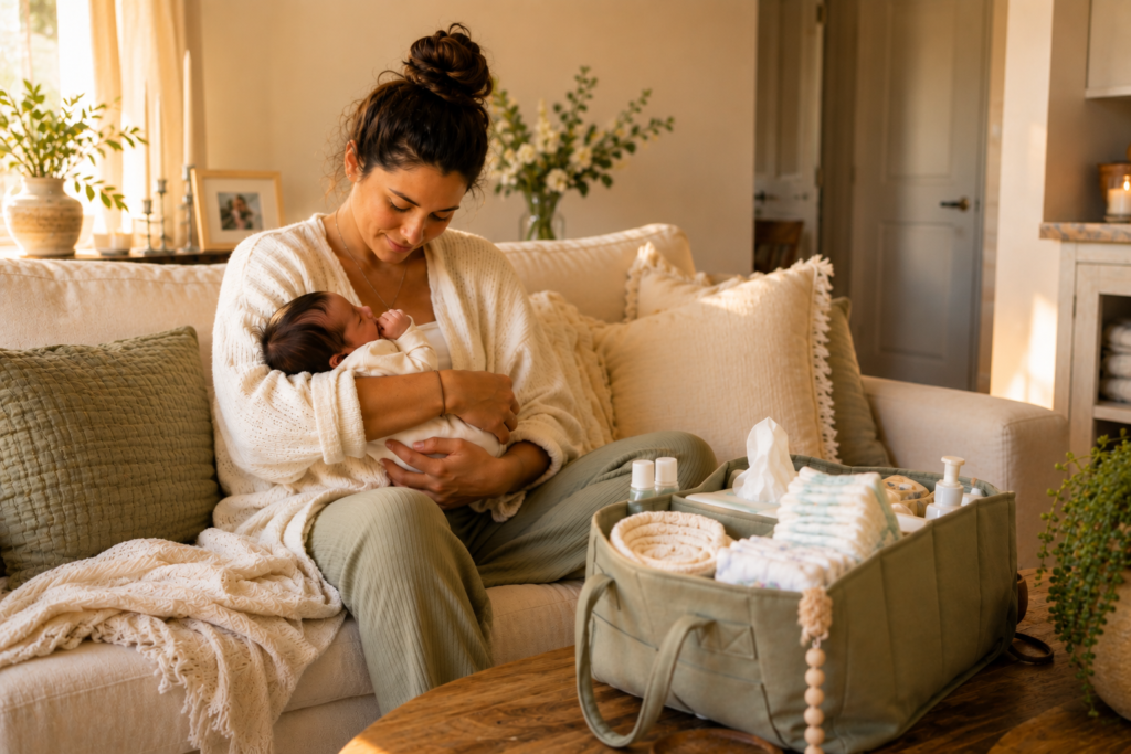 New mom using organized diaper caddy during diaper change on couch with newborn nearby