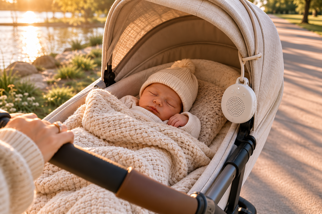 Sleeping baby during stroller walk with portable sound machine clipped to stroller in warm morning light