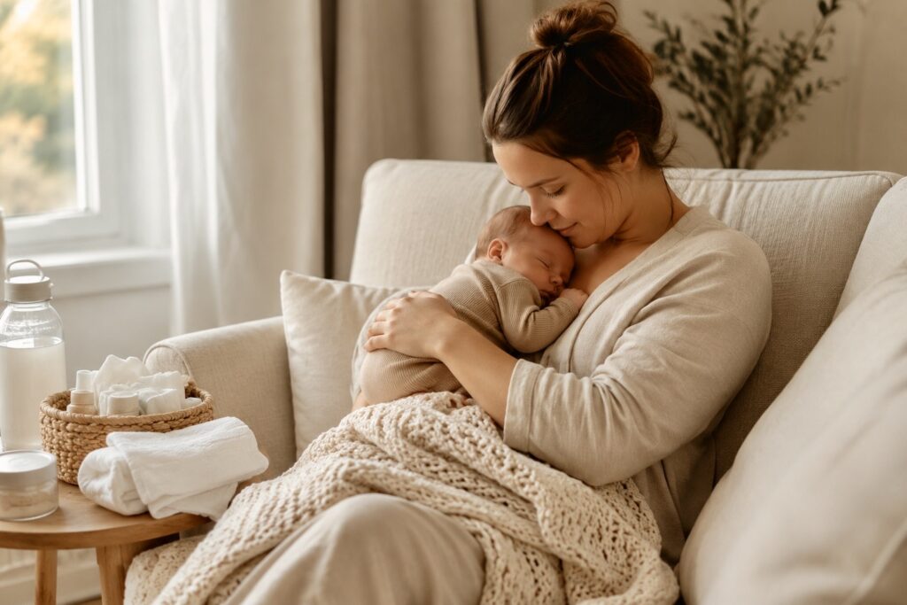 New mom cuddling her newborn on a sofa during the postpartum recovery period.