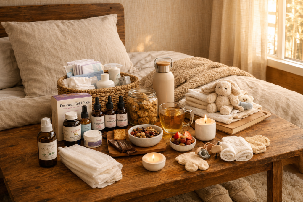 Postpartum essentials for new moms arranged in a cozy recovery space beside a bed