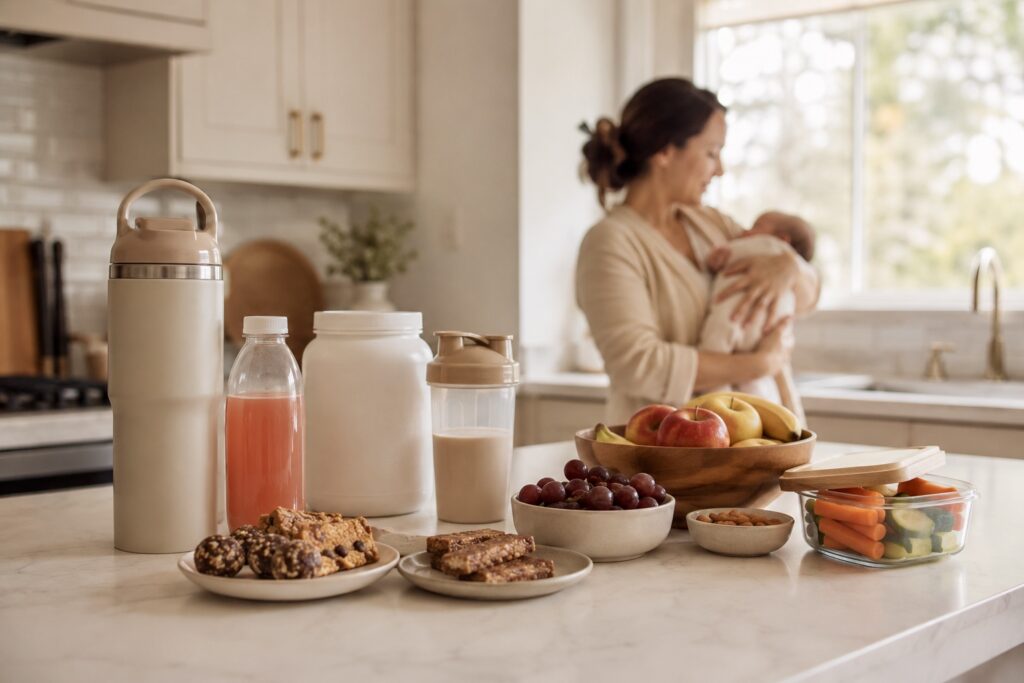 Healthy postpartum snacks and hydration station with a mother and baby in the background.
