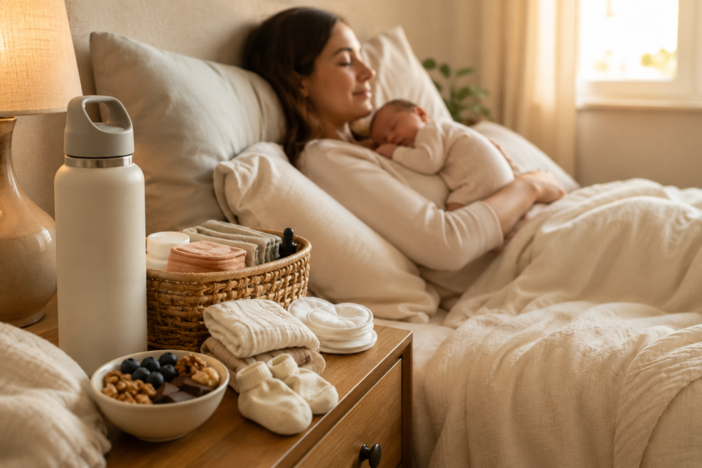 Postpartum recovery station beside a bed with snacks, water, and baby essentials within reach.