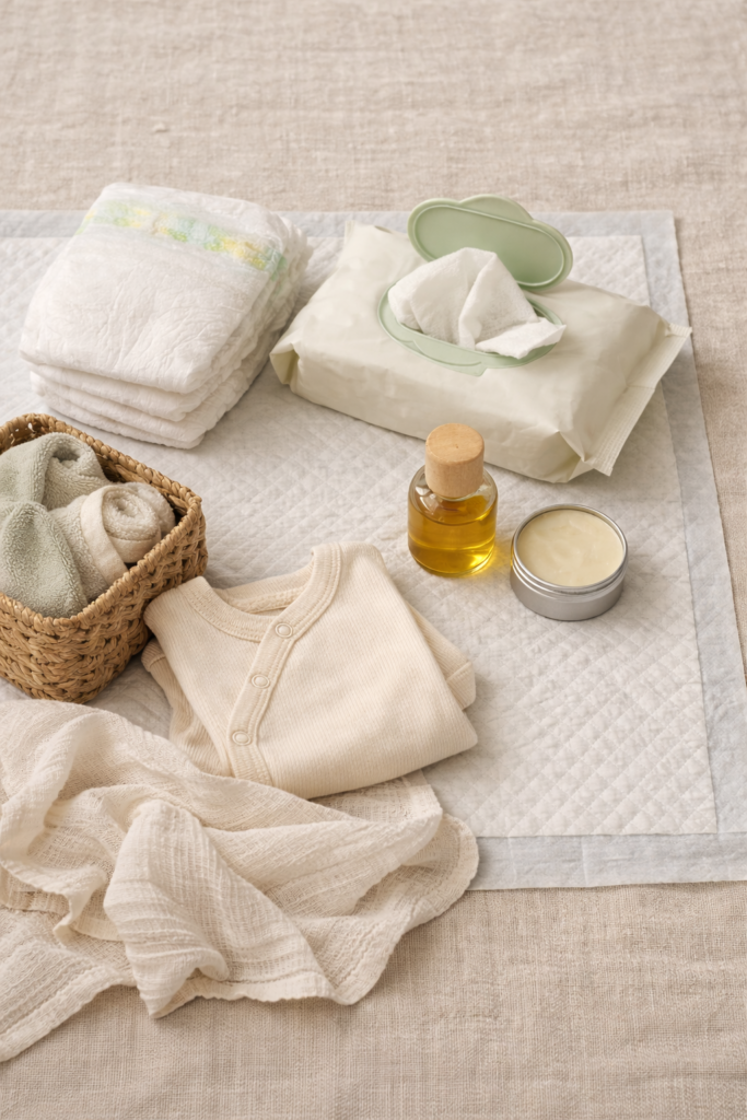 diapering essentials for newborns flat lay with diapers wipes and baby items
