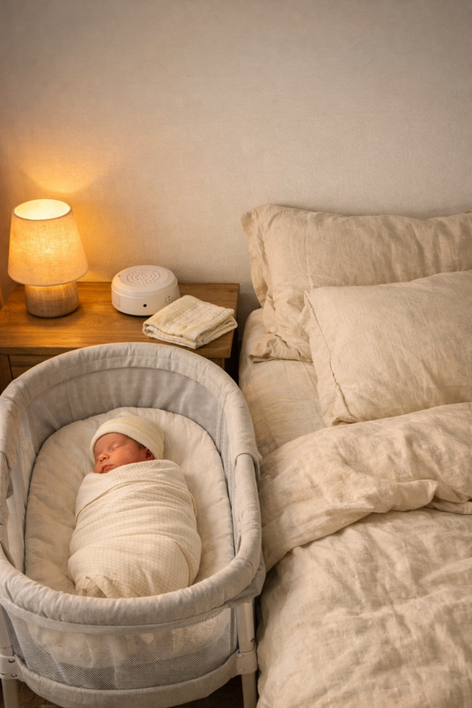 newborn sleep essentials setup with bassinet and soft nighttime lighting
