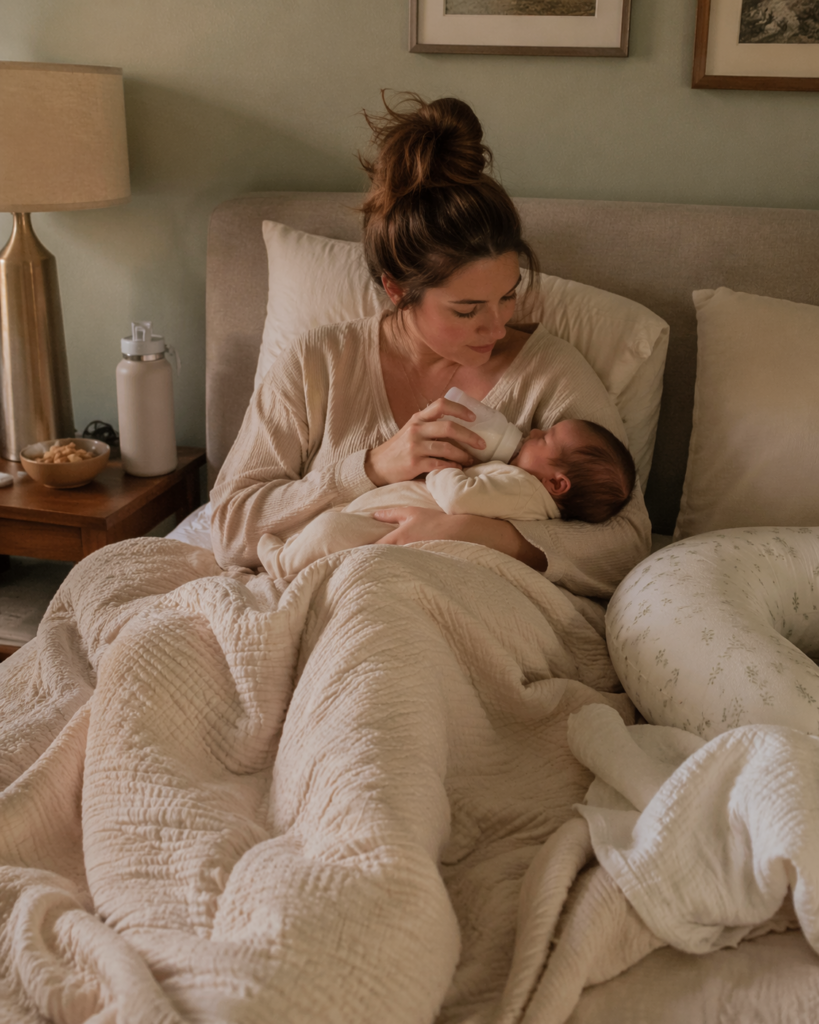 newborn survival guide for first time moms with baby and cozy early postpartum moment