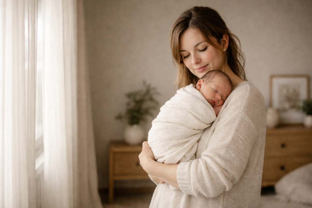 mom holding newborn baby wrapped in swaddle near window natural light neutral nursery