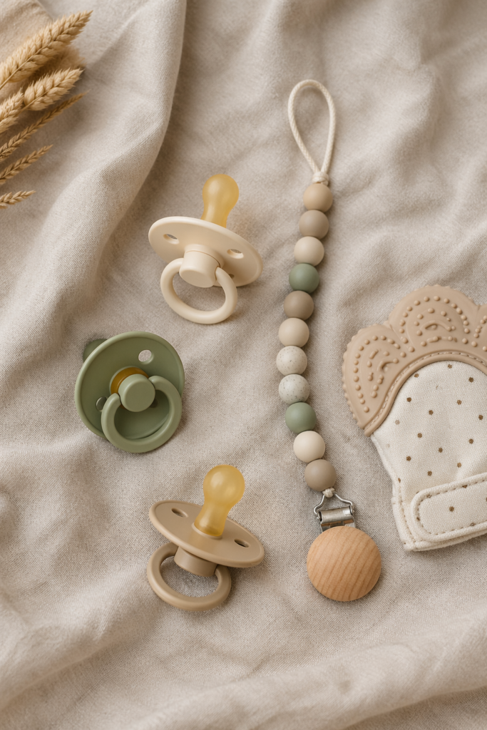 Best pacifiers for newborns including breast-shaped pacifiers and silicone pacifier clip on neutral fabric