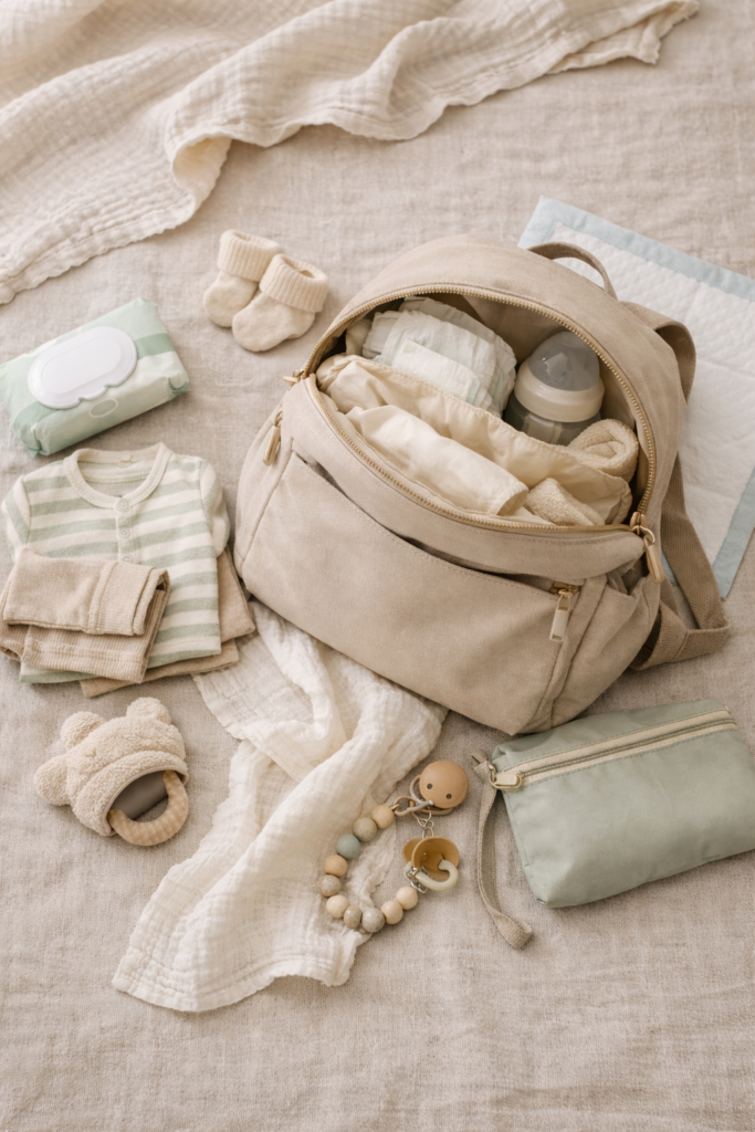 diaper bag essentials for new moms with baby items and organized bag setup
