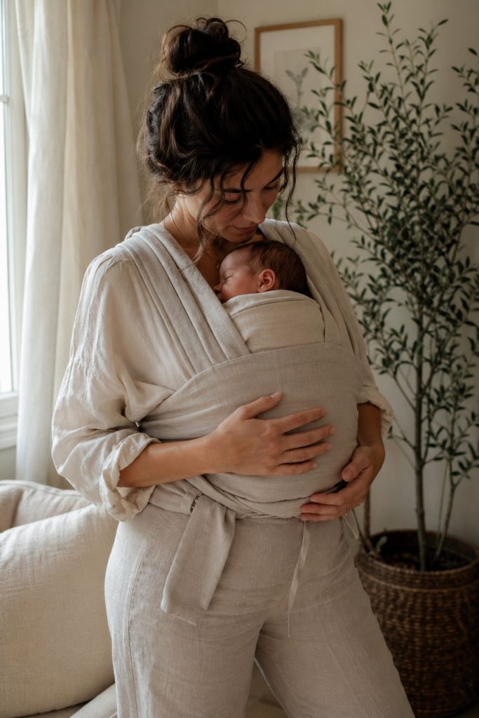 newborn baby sleeping in soft wrap carrier held close to mom cozy neutral tones