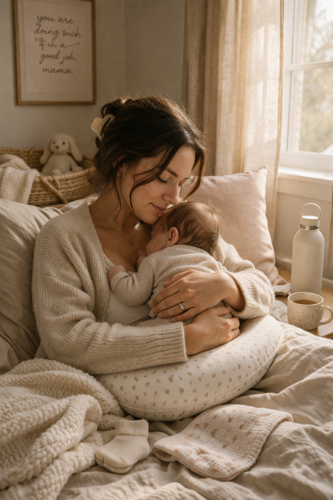 breastfeeding essentials for new moms in a cozy postpartum bedroom setting