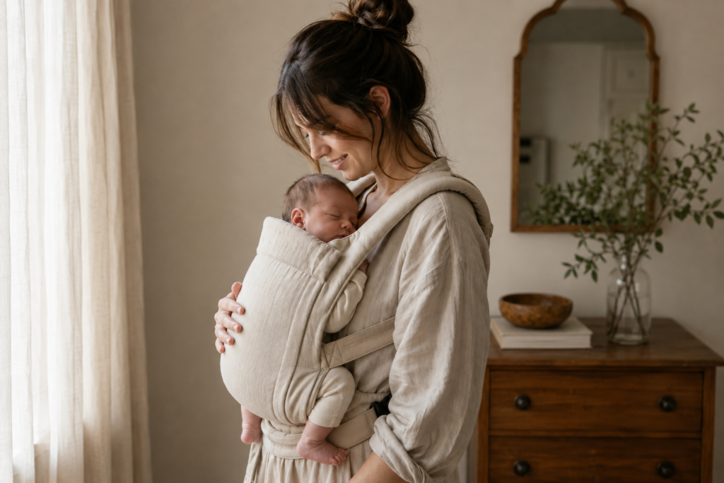 Mother wearing one of the best baby carriers for newborns with her sleeping baby in an ergonomic carrier