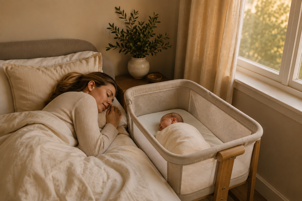 Mother sleeping beside a newborn in a bedside bassinet during the early postpartum weeks, showing best bassinets for newborns