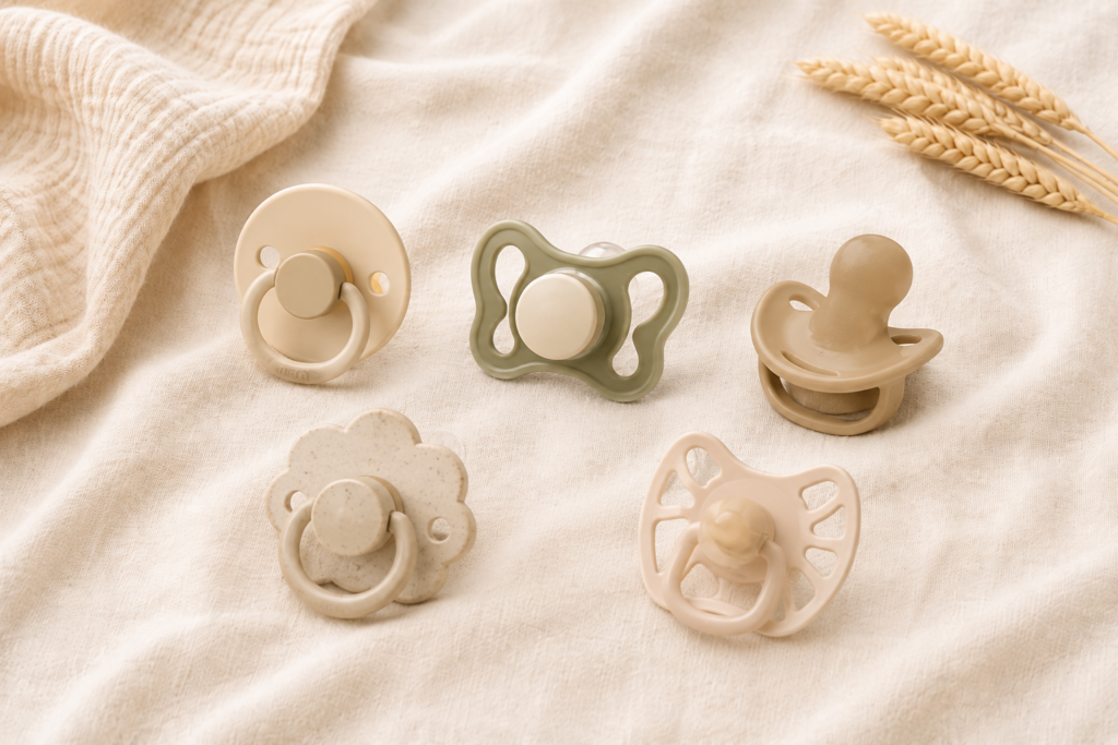 Best pacifiers for newborns arranged on a soft neutral blanket including breast-shaped silicone pacifier options for breastfed babies.