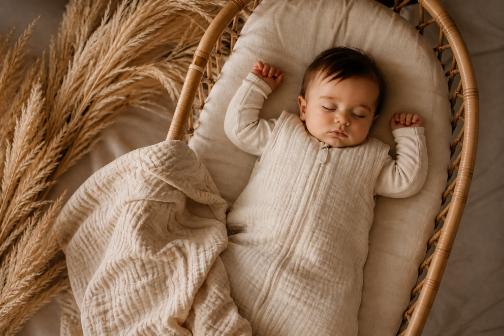 Baby sleeping peacefully while wearing a lightweight sleep sack.
