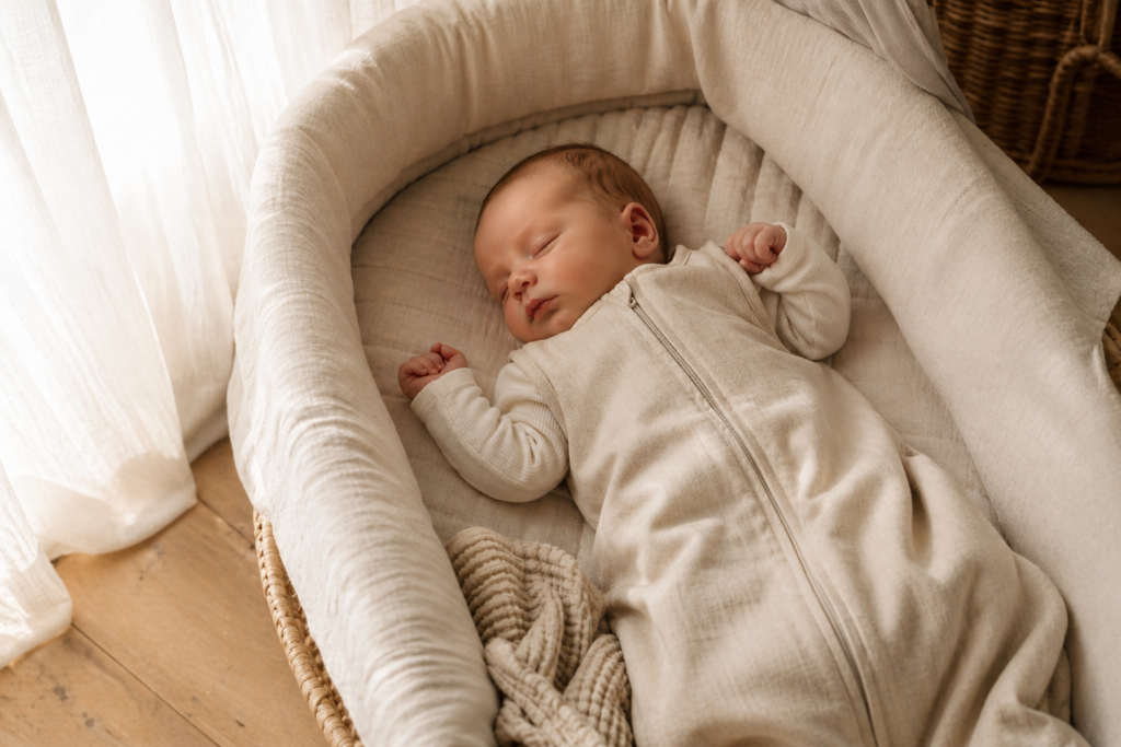newborn baby sleeping in a soft neutral sleep sack in a cozy bassinet