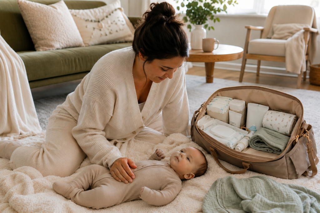 Mom sitting beside her baby with diapering supplies and an organized diaper bag nearby.