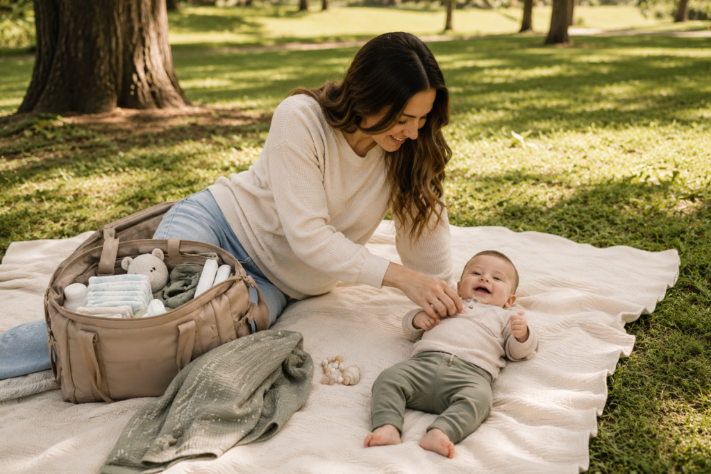 Baby relaxing on a blanket at a park with an open diaper bag and baby essentials nearby.