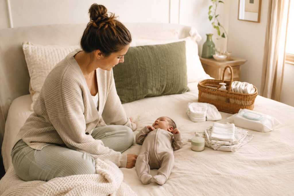 Mother sitting beside a newborn with diapering essentials organized nearby.