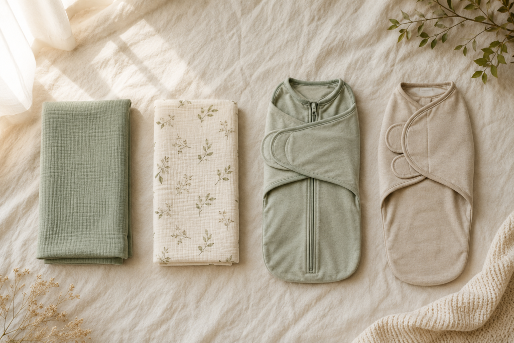 Different newborn swaddle styles including muslin blankets, an arms-up swaddle, and a Velcro swaddle arranged on cream bedding.