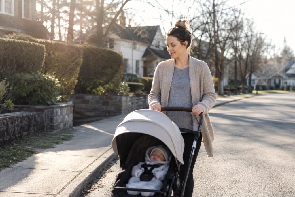 New mom taking a short walk outside with her newborn during the first weeks postpartum