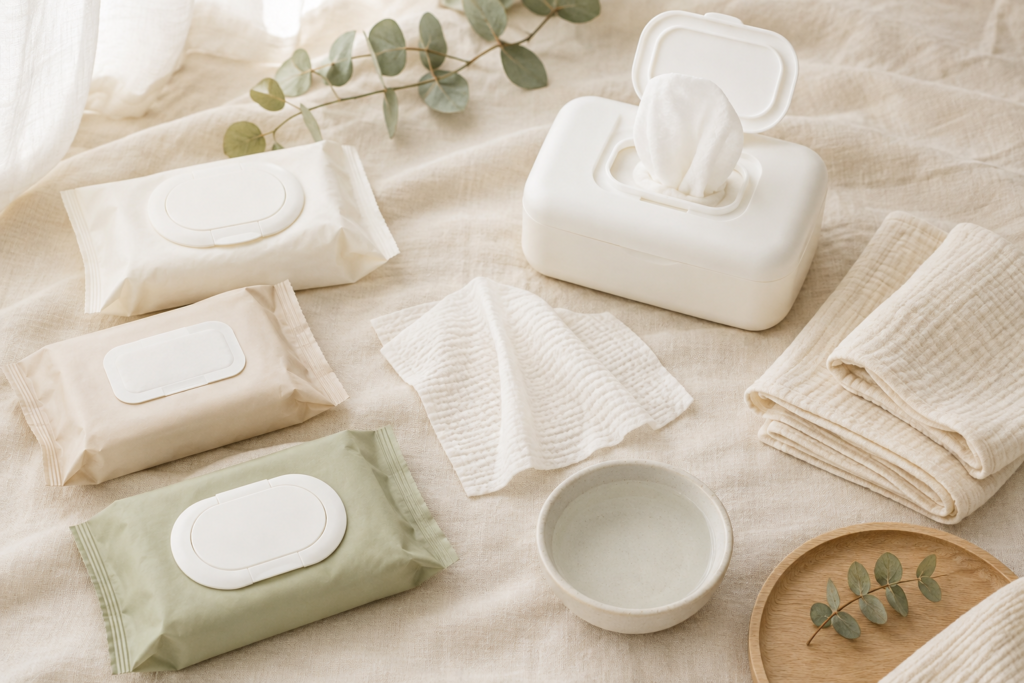 Soft newborn baby wipes displayed on cream linen with muslin cloths in a calm Scandinavian flat lay.