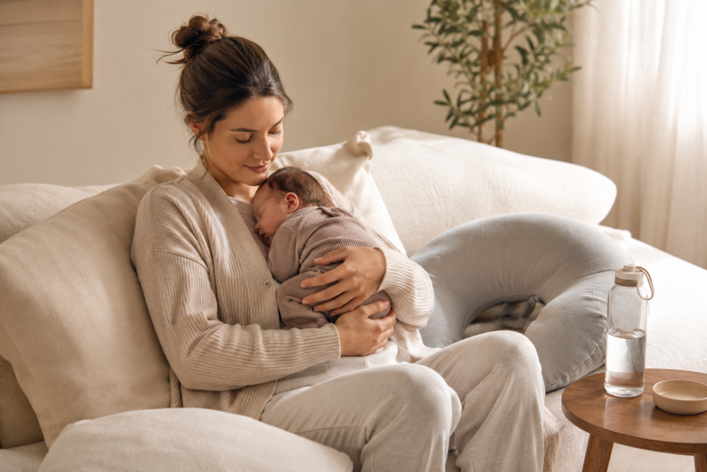 New mom holding a sleeping newborn after a feeding session in a cozy living room.