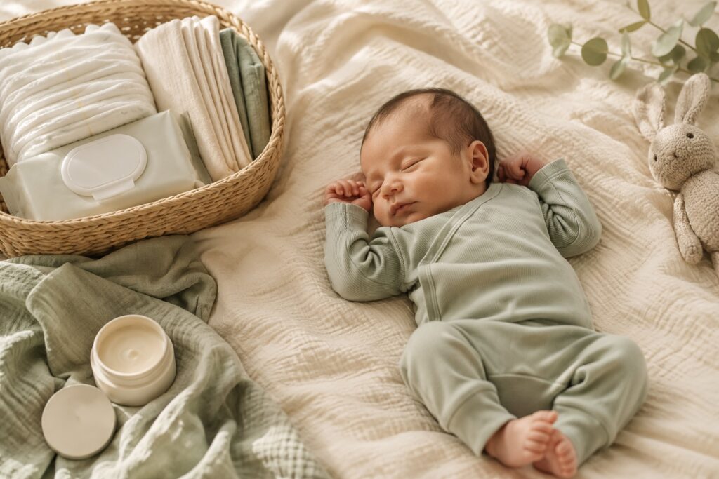 Simple newborn diapering essentials arranged beside a resting baby.