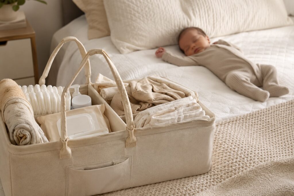 Portable diaper caddy stocked with newborn diapering supplies beside a sleeping baby.