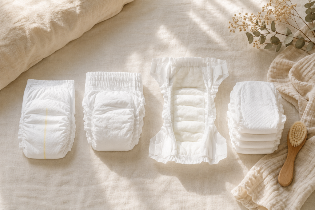 Different newborn diaper styles arranged on cream bedding to compare absorbency, fit, softness, and newborn features.