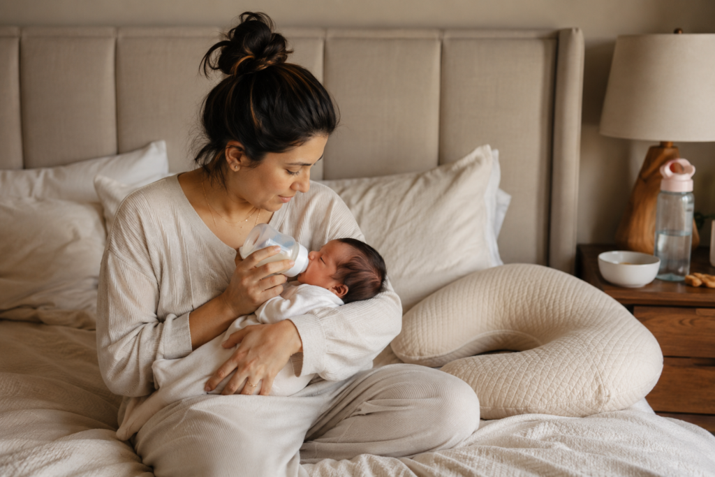 New mom feeding her newborn during the first weeks at home
