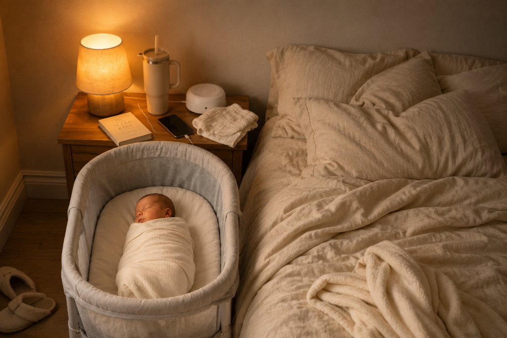 Cozy newborn bedside sleep setup with a bassinet beside the bed, soft night light, white noise machine, and nighttime newborn sleep essentials for new parents.