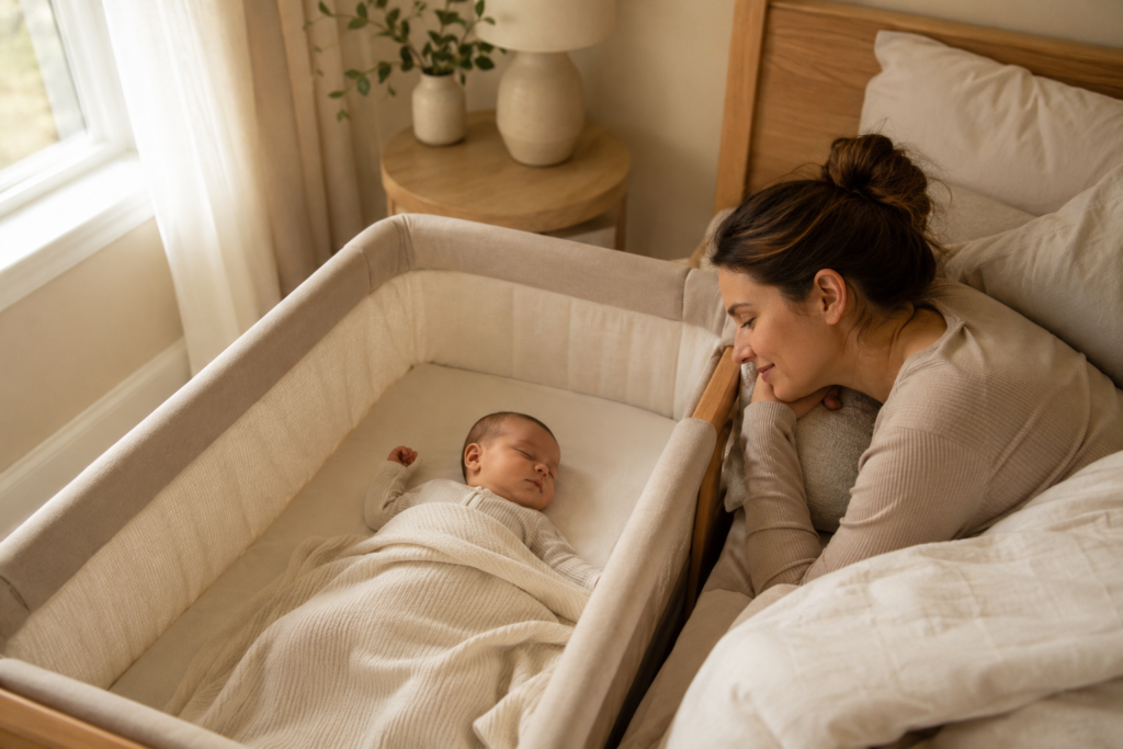 Newborn sleeping peacefully in a bedside bassinet during the first weeks at home