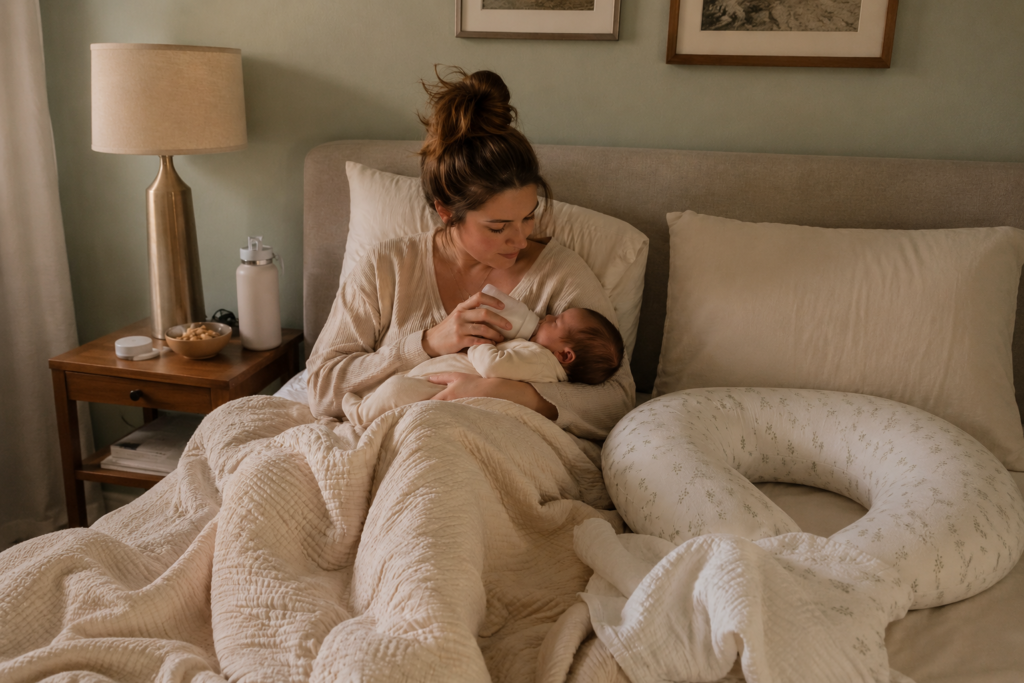 newborn survival guide for first time moms with baby and cozy early postpartum moment