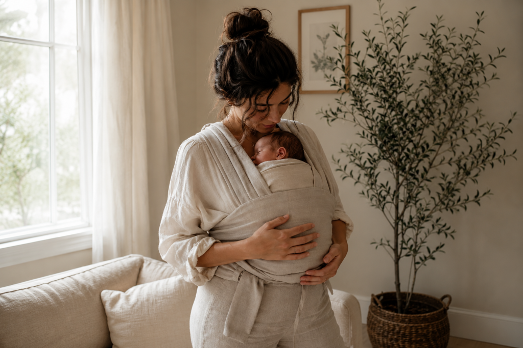 Newborn sleeping peacefully in a soft wrap baby carrier