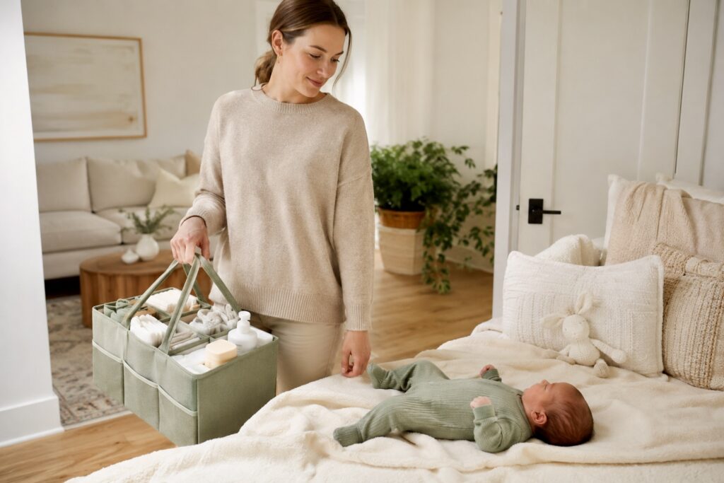 Mother carrying a portable diaper caddy stocked with diapering essentials for newborns