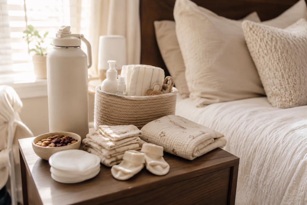 Postpartum bedside setup with water, snacks, nursing supplies, and newborn essentials.